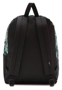 Sac à dos noir avec des accents floraux verts, bretelles rembourrées, poignée supérieure et poches latérales. Tissu durable avec une finition texturée.