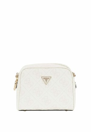 Petit sac à main blanc de créateur avec couture en diamant, fermeture éclair dorée et logo triangulaire Guess USA au centre avant.