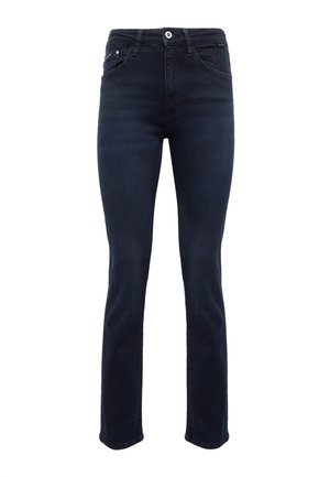 Dark blue denim jeans with a slim fit, featuring a mid-rise waist, traditional five-pocket design, and subtle stitching details.
