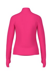 Helle rosa Bluse für Frauen mit langen Ärmeln und einem hohen Kragen, von hinten auf einem weißen Hintergrund gezeigt.