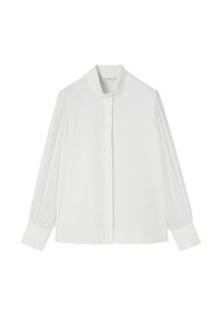 Weißes Langarmhemd mit Stehkragen, Knopfleiste und gerafften Ärmeln. Weicher Stoff mit glatter Textur.