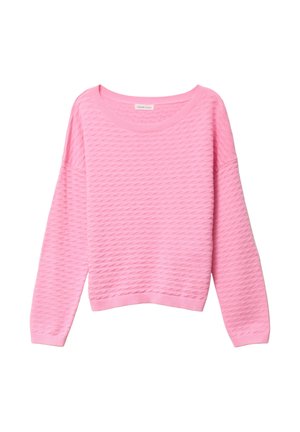 Lyserød strikket sweater med tekstureret diamantmønster. Har en bred halsudskæring og lange ærmer, der ender ved hofterne med ribbelastiske manchetter.