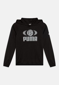 Fekete kapucnis pulóver hosszú ujjakkal, a frontján egy nagy szürke PUMA logóval. Puha anyag, laza szabás és kapucni.