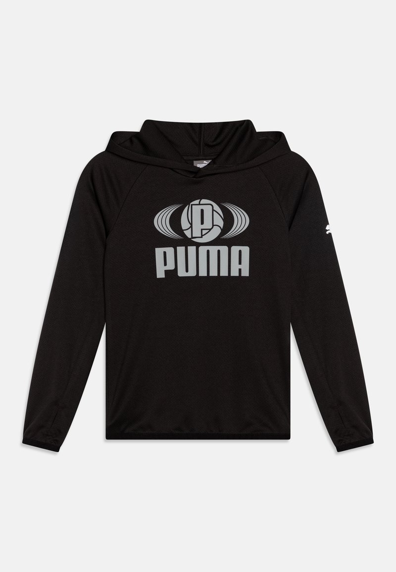 Fekete kapucnis pulóver hosszú ujjakkal, a frontján egy nagy szürke PUMA logóval. Puha anyag, laza szabás és kapucni.