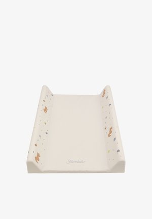 Changing mat with a cream surface, raised sides, and colorful animal patterns, featuring a smooth texture and "Sterntaler" logo.