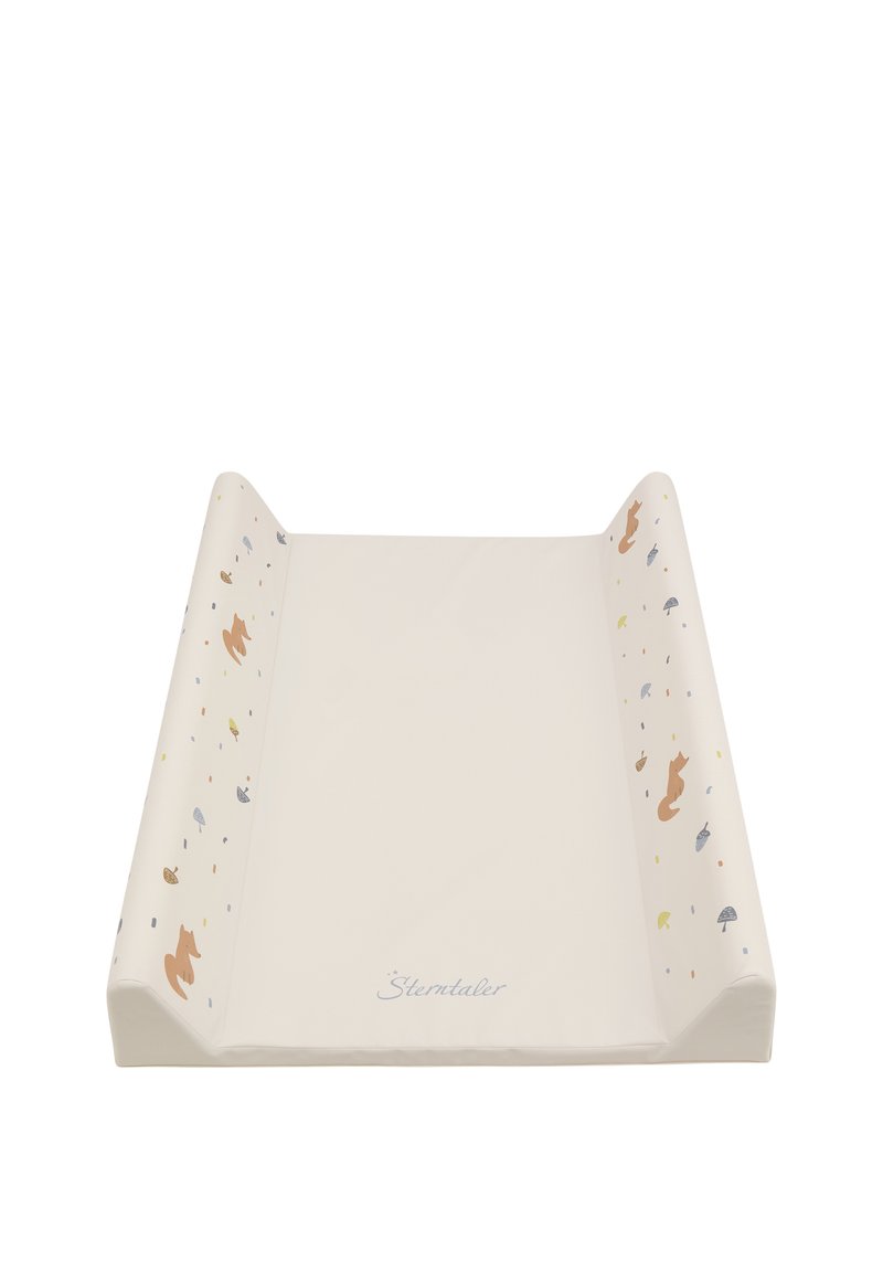 Changing mat with a cream surface, raised sides, and colorful animal patterns, featuring a smooth texture and "Sterntaler" logo.