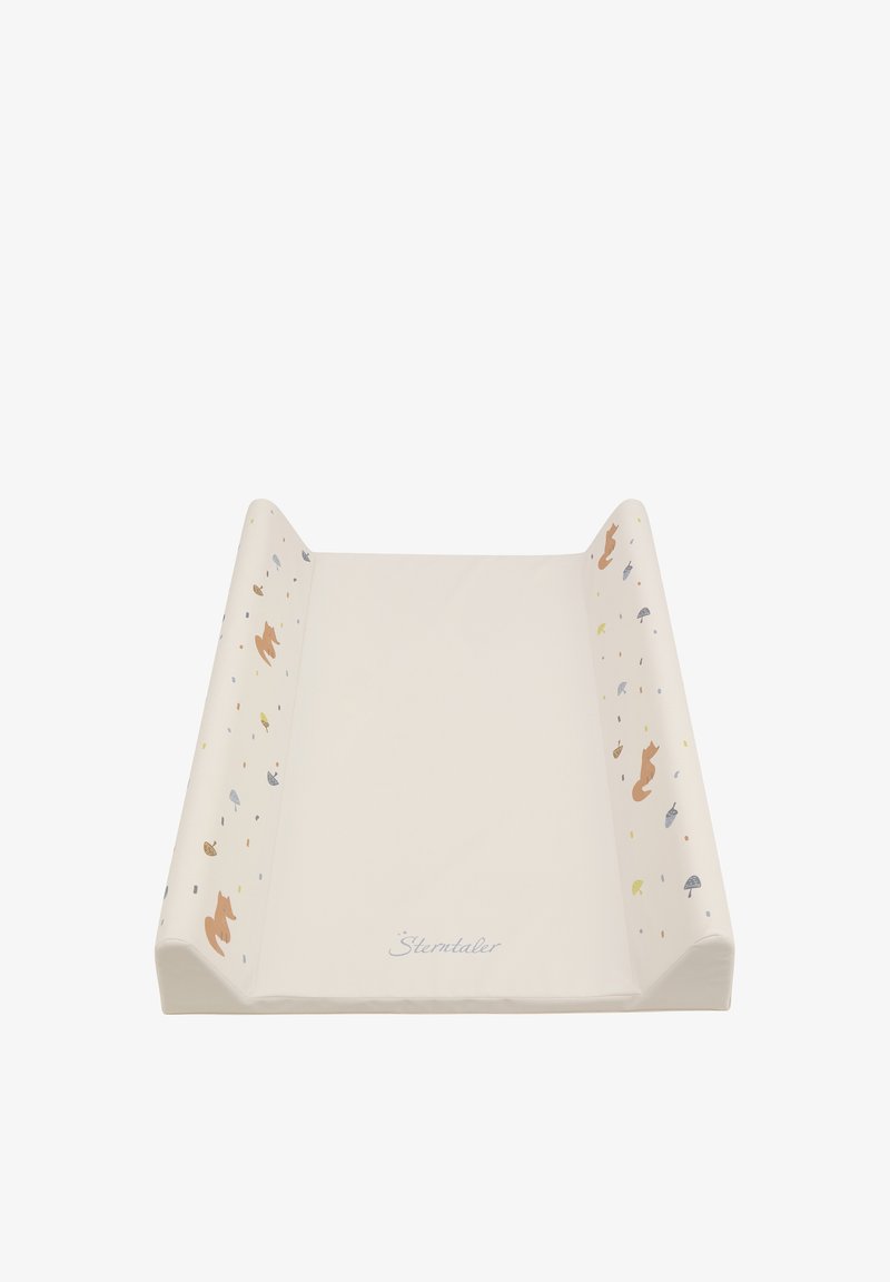 Changing mat with a cream surface, raised sides, and colorful animal patterns, featuring a smooth texture and "Sterntaler" logo.