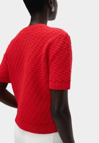 Roter strukturierter Pullover mit kurzen Ärmeln, geripptem Halsausschnitt und Bündchen, der ein gewebtes Muster aufweist. Von hinten sichtbar.