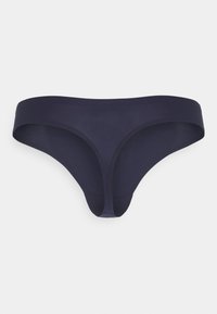 Navyblauwe string onderbroek gemaakt van een gladde stretchstof. Heeft een low-rise ontwerp en naadloze randen voor comfort.
