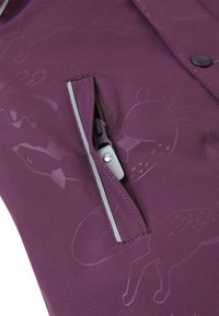 Purple jacket featuring a silver-zippered pocket, smooth fabric with subtle animal patterns, and contrasting stitching along the edges.