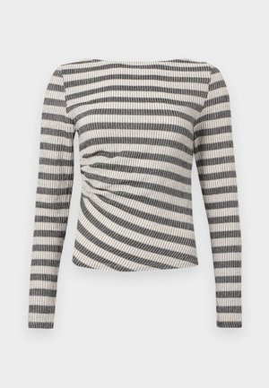 Top de manga longa com um padrão de riscas horizontais em preto e branco, fabricado com um material texturizado e com um detalhe franzido de lado.