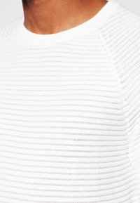 Maglione lavorato a maglia a righe bianche con scollatura rotonda e tessuto testurizzato. Le righe sono uniformemente distanziate e discrete, offrendo un aspetto pulito e moderno.