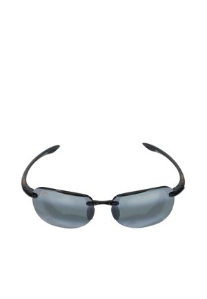 Gafas de sol negras sin montura con lentes gris oscuro y varillas delgadas y curvas, mostradas sobre un fondo blanco.