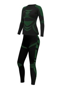 Schwarzes Sportset mit langärmeligem Oberteil und Leggings, ausgestattet mit grünen geometrischen Mustern und gerippten Texturen für besseren Sitz und Unterstützung.
