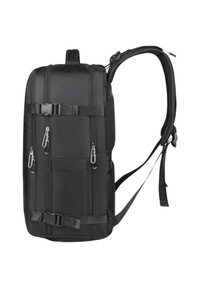 Zaino rettangolare nero con svariati scomparti con zip, spallacci padded regolabili e due cinghie laterali con fibbie per compressione.
