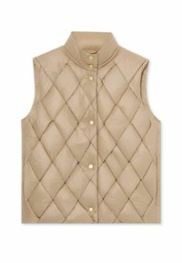Beżowa pikowana kamizelka z wysokim kołnierzem i złotymi zatrzaskami, z wzorem rombów i bez rękawów. Miękka, gładka faktura.