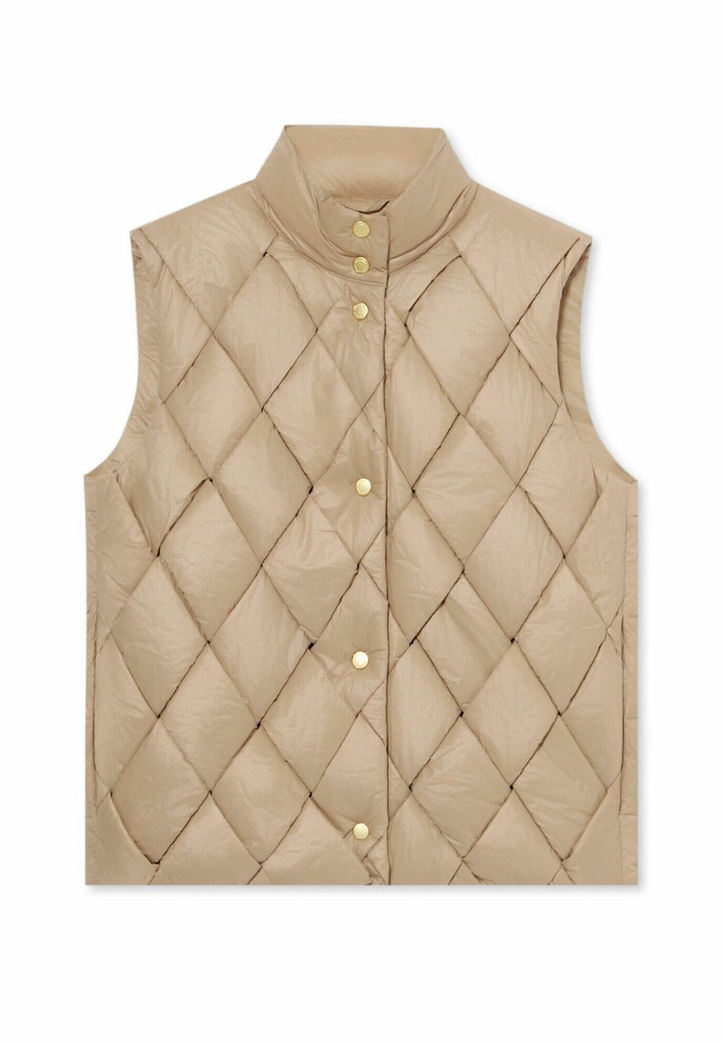 Beżowa pikowana kamizelka z wysokim kołnierzem i złotymi zatrzaskami, z wzorem rombów i bez rękawów. Miękka, gładka faktura.