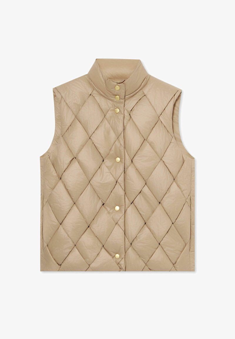 Beżowa pikowana kamizelka z wysokim kołnierzem i złotymi zatrzaskami, z wzorem rombów i bez rękawów. Miękka, gładka faktura.