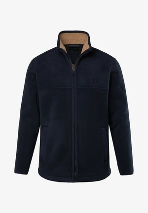 Marineblaue Fleecejacke mit kontrastierendem beigem Kragen, Reißverschluss und zwei Seitentaschen. Verfügt über eine weiche Textur und ein Logo-Detail auf der Brust.