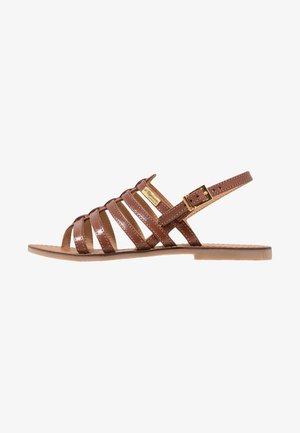 Des sandales en cuir marron présentent plusieurs lanières croisées, une boucle à la cheville avec un accent doré et une semelle plate. Texture lisse avec un design élégant.