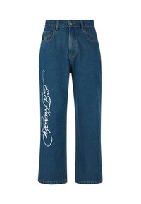 Niebieskie dżinsy o prostym kroju, ozdobione białym haftowanym logo na lewym nogawce i pięcioma kieszeniami.