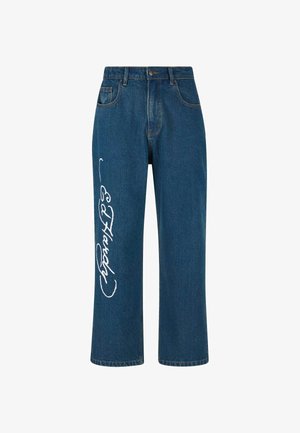 Jeans in denim blu con vestibilità dritta, caratterizzati da un logo ricamato bianco sulla gamba sinistra e design a cinque tasche.