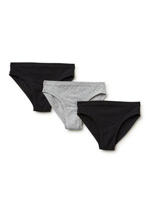 Drie katoenen bikinislips, twee zwarte en één grijze, plat gelegd op een witte achtergrond in een rij.