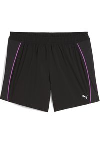 Mustad must sportifs lühikesed püksid, millel on elastne vöökoht, pruuni värvi külgaktsendid ja väike valge logo alumisel paremal jalal. Sile tekstuur.