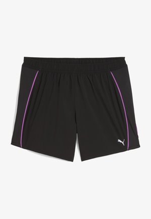 Pantaloni sportivi neri con cintura elasticizzata, dotati di accenti laterali viola e un piccolo logo bianco sulla gamba destra in basso. Texture liscia.