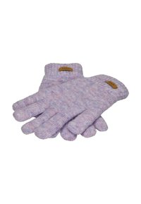 Gebreide handschoenen van een zacht, meerkleurig lavendelkleurig materiaal. Voorzien van geribbelde manchetten en leren labels met de merknaam "BARTS".