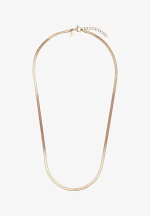 Dünne Halskette mit flacher Roségoldkette, Karabinerverschluss und verstellbarer Verlängerungskette.