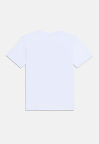 Hvit kortermet t-skjorte, crew neck design, glatt stofftekstur, ingen synlige logoer eller mønstre, enkel silhuett, bakvy.