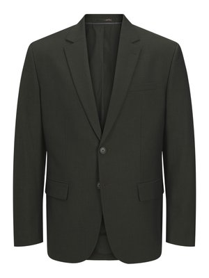 Mørke olivengrønn herrejakke med to knapper, hakkede slag, klaffelommer og en brystlomme med åpning, vist forfra.