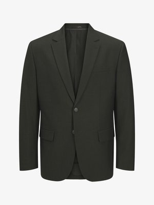 Ciemnooliwkowa męska marynarka na dwa guziki z klapami z nacięciami, kieszeniami z patkami oraz kieszonką na piersi, widziana od przodu.