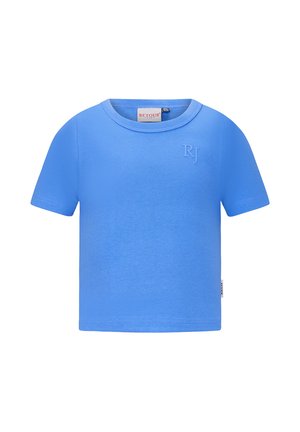 Stevige lichtblauwe korte mouw T-shirt voor peuters met ronde hals en subtiele "RJ" reliëf op de borst.