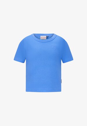 Stevige lichtblauwe korte mouw T-shirt voor peuters met ronde hals en subtiele "RJ" reliëf op de borst.