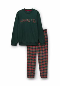 Sweatshirt vert foncé avec le texte "APRÈS SKI" ; associé à un pantalon à carreaux rouge, vert et noir. Les deux articles ont des textures douces et une coupe décontractée.