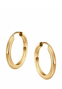 Złote kolczyki w kształcie kół z gładkim, wypolerowanym wykończeniem. Okrągły kształt o subtelnej grubości, z zawiasowym zapięciem ułatwiającym noszenie.