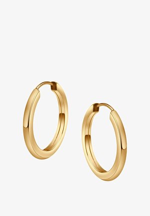 Złote kolczyki w kształcie kół z gładkim, wypolerowanym wykończeniem. Okrągły kształt o subtelnej grubości, z zawiasowym zapięciem ułatwiającym noszenie.