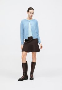 Light blue cardigan, soft texture, button closure; paired with a fitted brown skirt, flared hem, and knee-high brown leather boots.