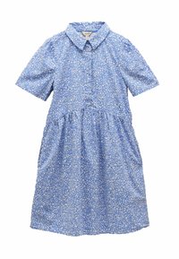 Sinine kleit, millel on kraega kaelus, lühikesed puffvarrukad ja lilleline muster. Kangas on kerge, nähtava nööpide kinnitusega ja taskutega.