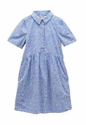 Blaues Kleid mit einem Kragen-Ausschnitt, kurzen Puffärmel und floralem Muster. Der Stoff ist leicht, mit sichtbarem Knopfverschluss und Taschen.