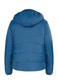 Blå polstret jakke med hætte, der har et quiltet design og glat tekstur. Inkluderer elastiske manchetter og kant for bedre pasform.