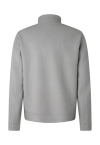 Grijze, zachte stoffen jas met een hoge kraag, een slanke pasvorm en zijzakken; heeft een glad, getextureerd ontwerp met een strakke afwerking.