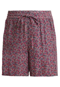 Shorts à motifs floraux en tissu léger, présentant un imprimé rose, marine et crème avec une taille élastiquée et un cordon de serrage.