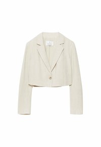 Krótkie marynarka z jasnobeżowego lnu, z kołnierzem z wycięciem, pojedynczym guzikiem z przodu oraz długimi rękawami o czystych liniach. Minimalistyczny design.