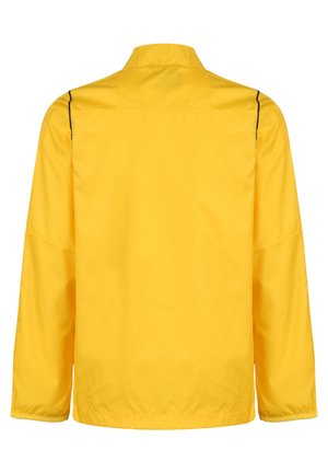 Gelbe, leichte Jacke mit Stehkragen, langen Ärmeln und schwarzen Paspelierungen an den Schultern. Glattes, wasserabweisendes Material.