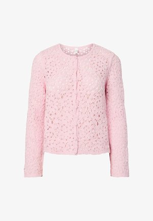 Hele roosa pikkade varrukatega pitsist kardigan lillemustriga, ümar kaelus ning kangaga kaetud nööpide rea esiküljel.