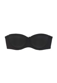 Sostenitore nero senza spalline con coppe imbottite morbide, texture liscia e bordatura in pizzo decorativa lungo il margine superiore. Il dettaglio del fiocco centrale aggiunge un tocco di abbellimento.