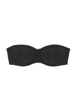 Black strapless bra with soft padded cups, smooth texture, and decorative lace trim along the top edge. Center bow detail adds embellishment.